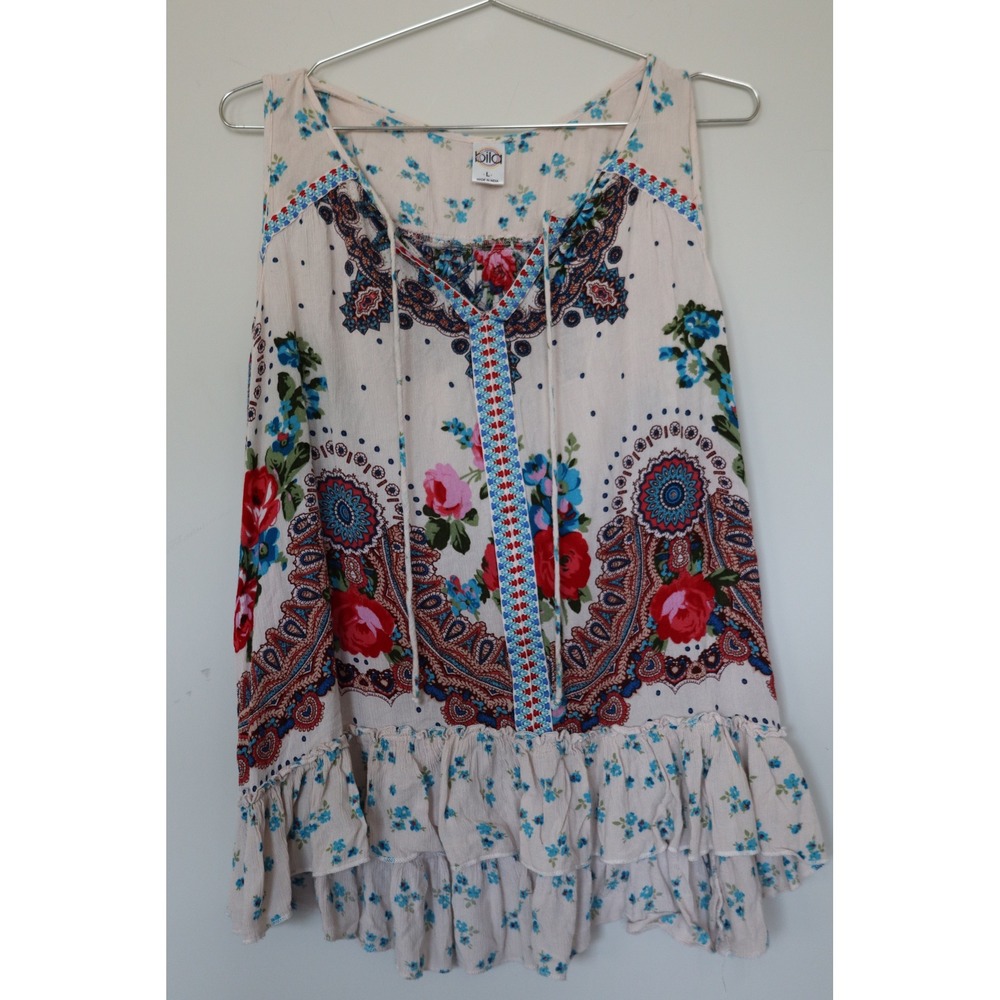 Bila Womens Floral Paisley Boho Sleeveless Ruffle Hem Rayon Blouse Top Cream L